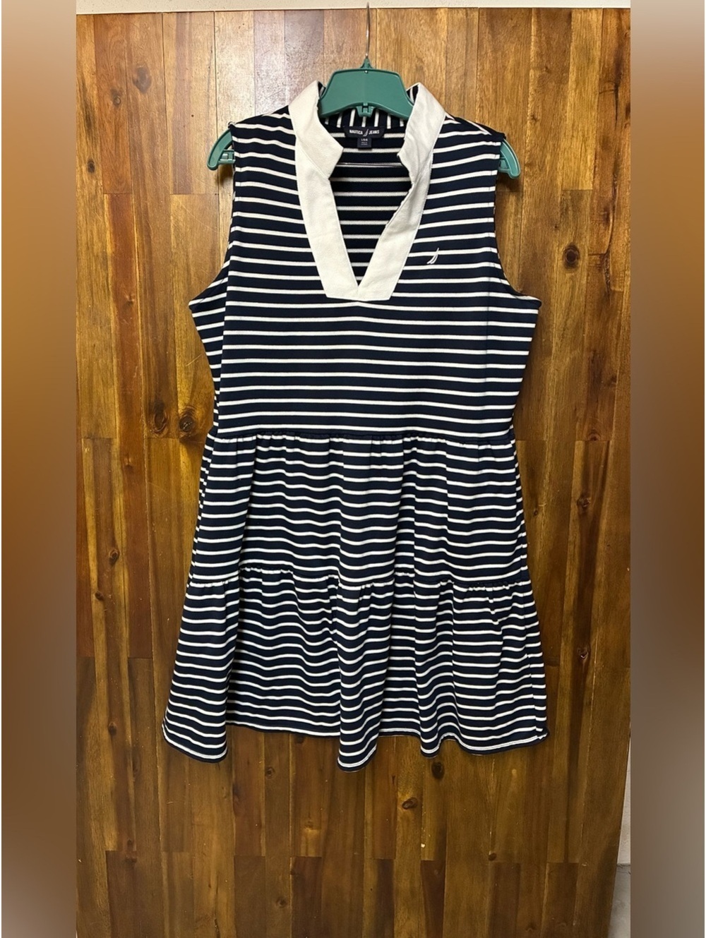 Nautica Jeans Navy White Striped Sleeveless Tiered Dress Large Coastal Preppy